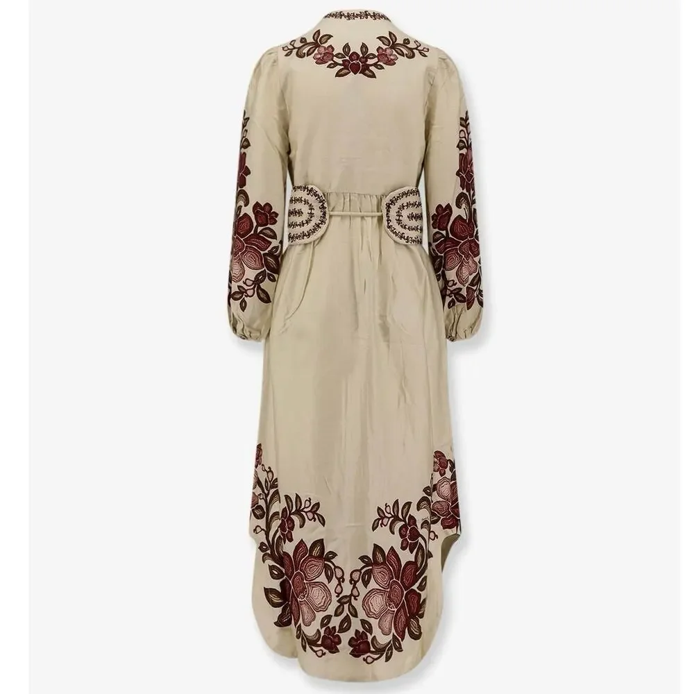 NEW Farm Rio Renata Floral Sand Midi Dress Lyocell Button Front Embroidered MED - Picture 4 of 16